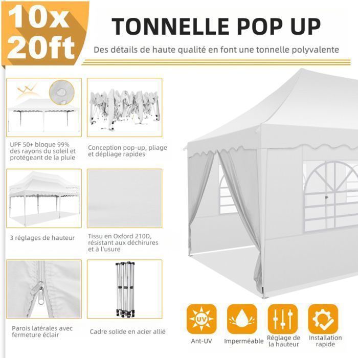 Gazebo/Padiglione da giardino pieghevole 3x6, impermeabile, con 6 lati, ideale per feste, giardini, festival, mercati e matrimoni - Bianco
