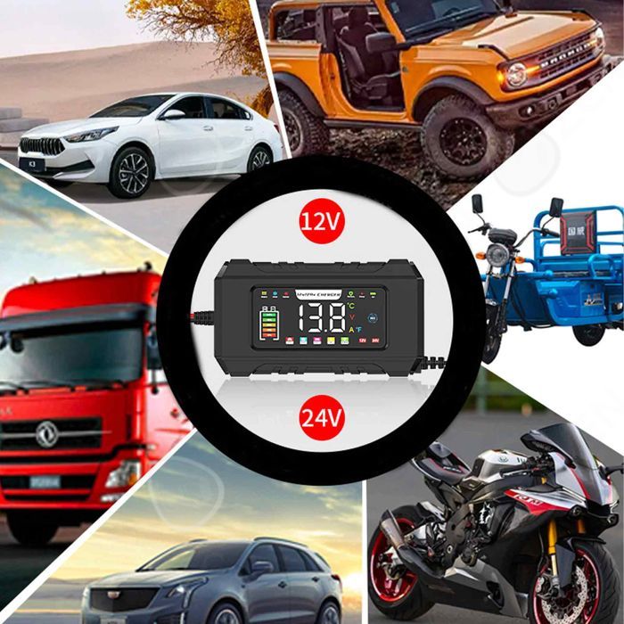 Caricabatterie intelligente da 12V 15A, caricabatterie per auto con schermo tattile LCD, protezione multipla per auto e moto.