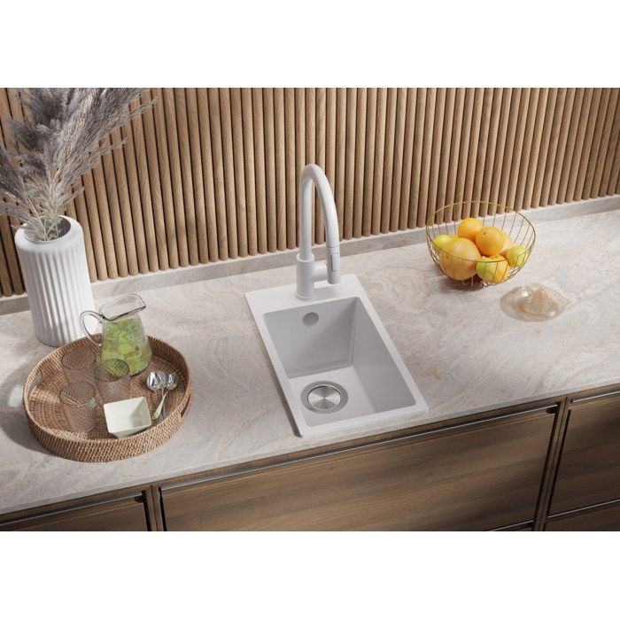 PRIMAGRAN Evier Cuisine en Granit Blanc 28x50cm, Lavabo 1 bac + Kit de Vidage, Évier à Encastrer au meuble 30cm - Riga