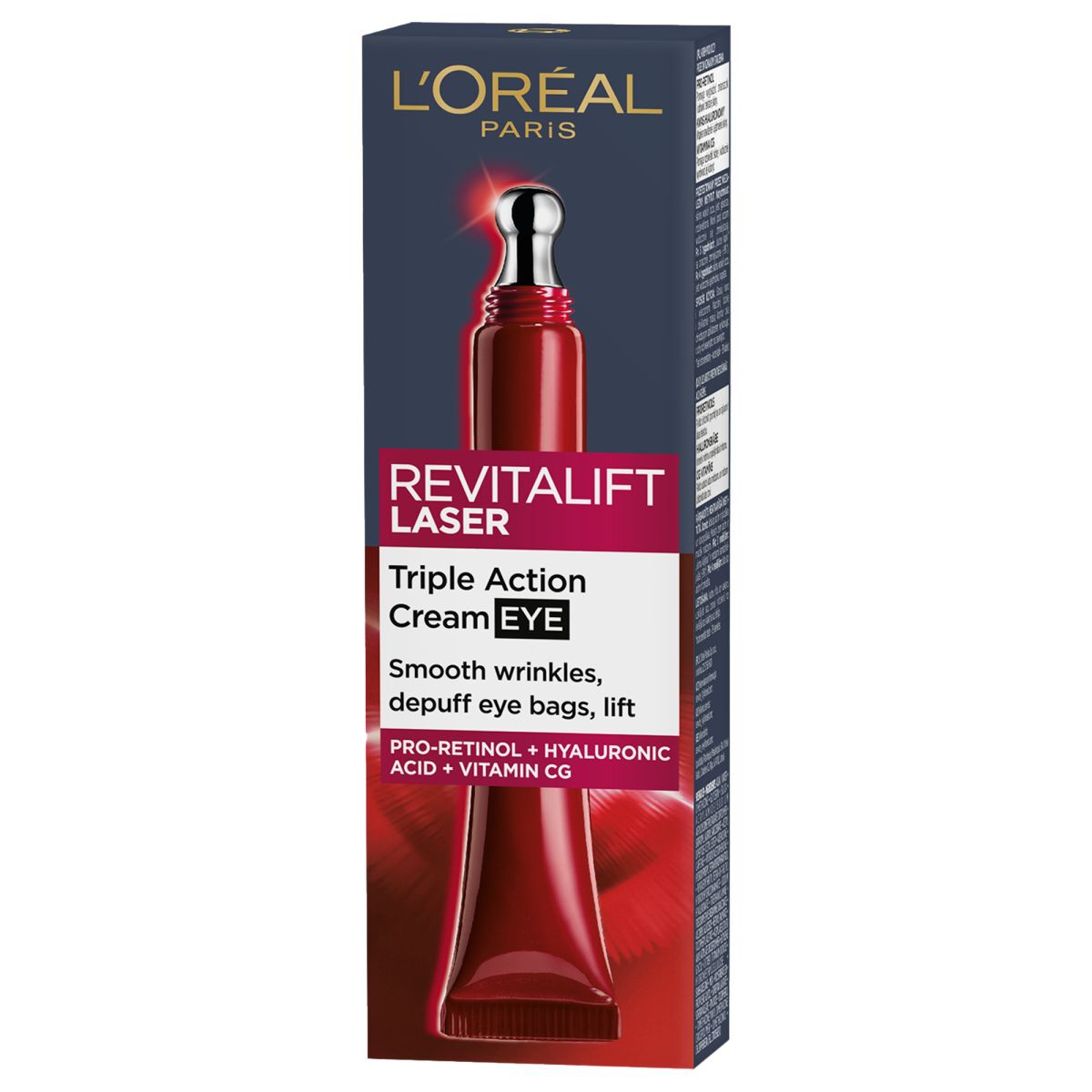 L'Oreal Paris acu krēms, kas piepilda ādu un samazina grumbas un pietūkumu zem acīm 15 ml Revitalift lāzers x3