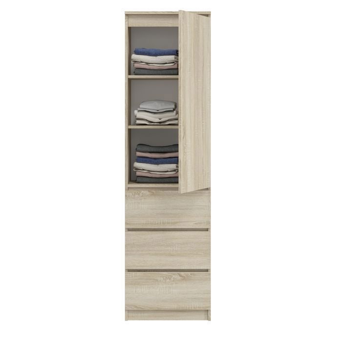 Armario de almacenamiento de 3 cajones y 3 estantes - Armario de oficina - Mueble de almacenamiento para dormitorio - 50x40x180 cm - Sonoma