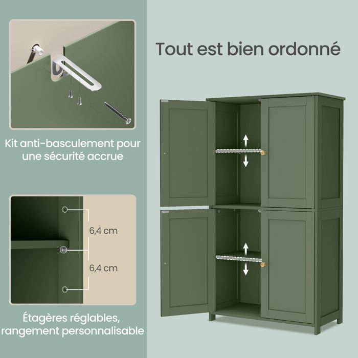 Armoire de Salle de bain avec 4 Portes, 60 x 30 x 108.5 cm, Meuble de Rangement,Placard de Cuisine,2 Étagères Réglables, Vert