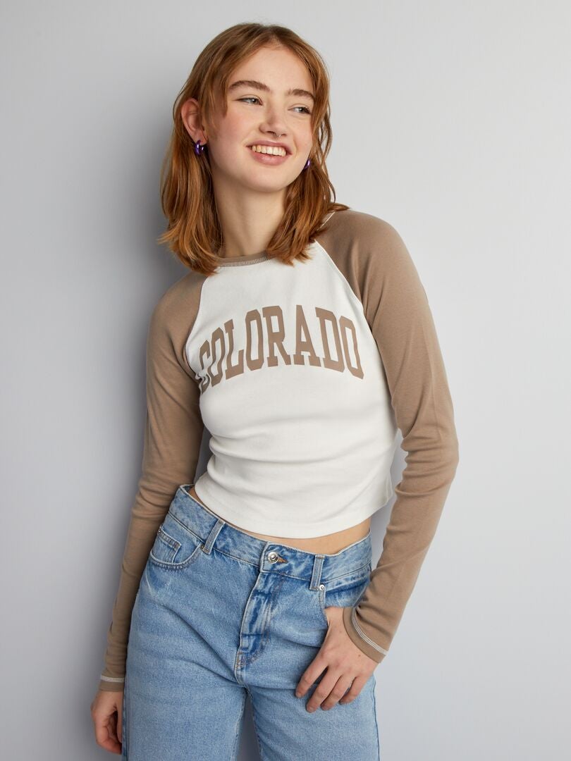Cropped T-shirt met lange mouwen - BEIGE