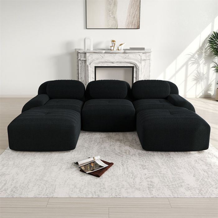 DRIPEX Canapé 3 places d'angle modulable - en Velours côtelé - avec 3 oreillers et 2 pouf - 298x178x75cm - Noir