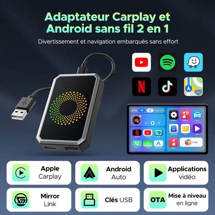 Adaptador inalámbrico TOGUARD para CarPlay compatible con Android Auto AI-BOX, función de vídeo para múltiples aplicaciones, Mirror Link y CarPlay con cable.