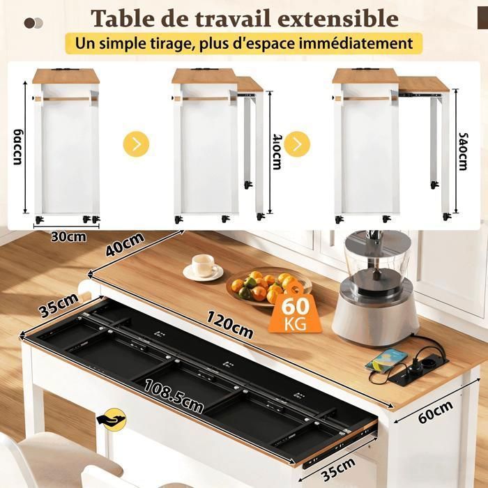 Îlot de Cuisine Mobile sur Roulettes - Zone de Repas Extensible, Plan de Travail, Compartiment pour Poubelle (Blanc)