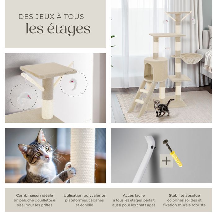 Arbre à chat - TECTAKE - Mobilier pour chat DOMINIQUE 142 cm de hauteur avec griffoir, hamac et jouets - Beige