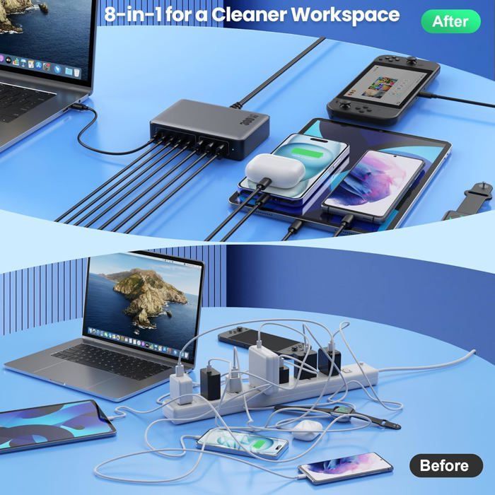 Cargador USB-C multipuerto de 320 W, estación de carga rápida con tecnología GaN III de 8 puertos y regleta de alimentación USB de 4 A + 4 C, color gris.