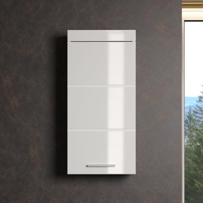 Meuble de salle de bain Rangement haut - 1 porte - Blanc - L 37 x P 23 x H 77 cm - AMANDA