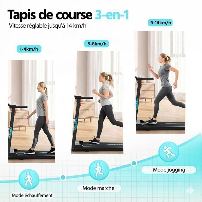 Tapis de Course Pliant - YEE RUN - 1-14 km/h - Moteur 3.0 HP - Inclinaison 9% - Bluetooth