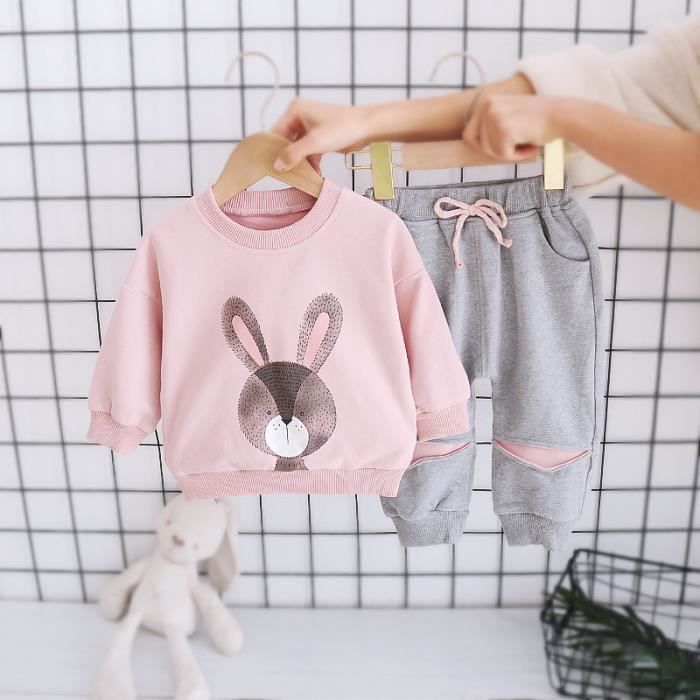 Conjunto de ropa de otoño de 2 piezas para niña, grueso e informal - Chándal rosa con capucha