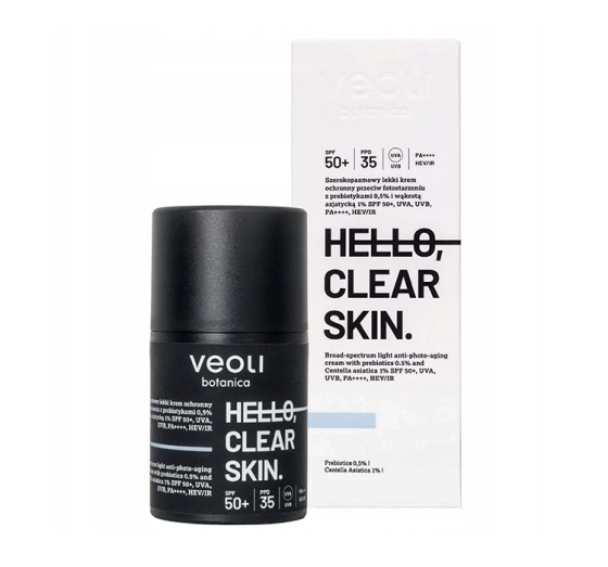 Veoli Botanica Hello, Clear Skin szerokopasmowy lekki krem ochronny SPF50  z 0,5% prebiotykami i 1% CICA 50 ml