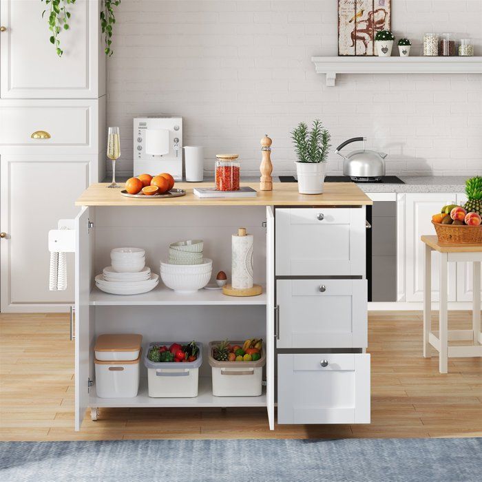 Isla de cocina con tablero abatible - tablero de roble - 135 x 44(70) x 90 cm, carrito de cocina con 3 cajones, 2 puertas - Blanco