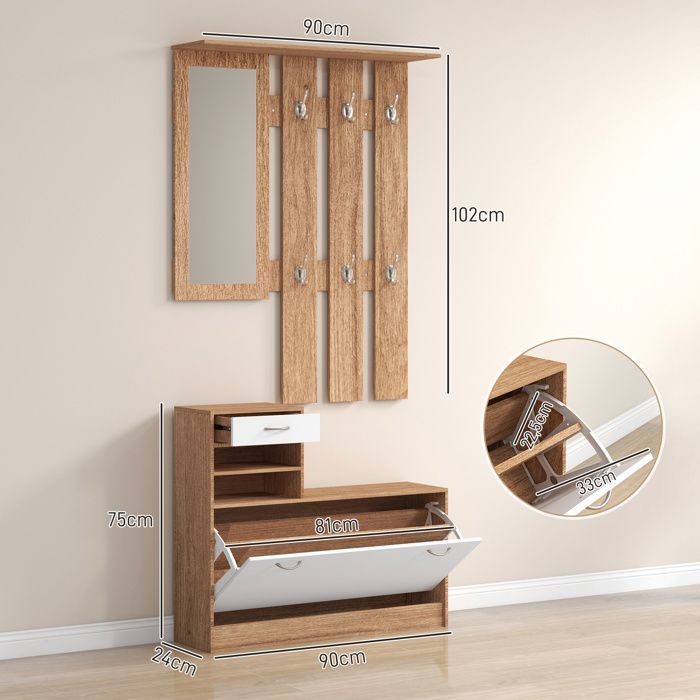 Hallway unit with coat rack panel, mirror and shoe bench - 6 hooks and adjustable shelf