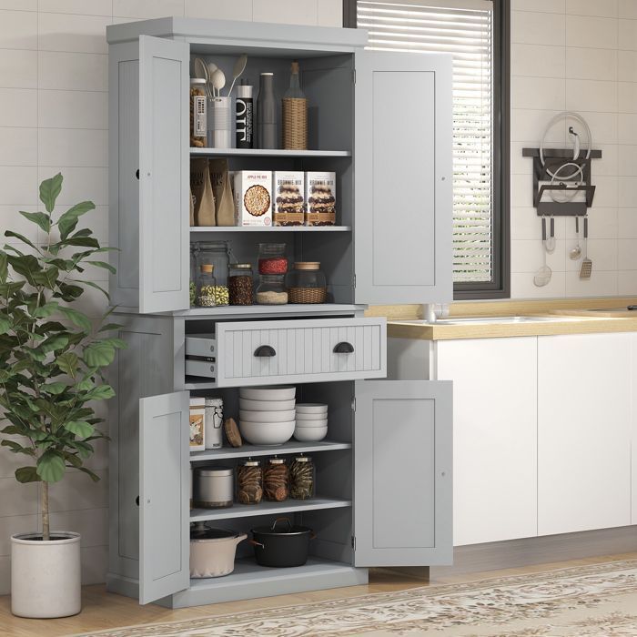 Armoire de cuisine - HOMCOM - multi-rangements étagères réglables 4 portes et grand tiroir - 76,2 x 40,2 x 183 cm - gris