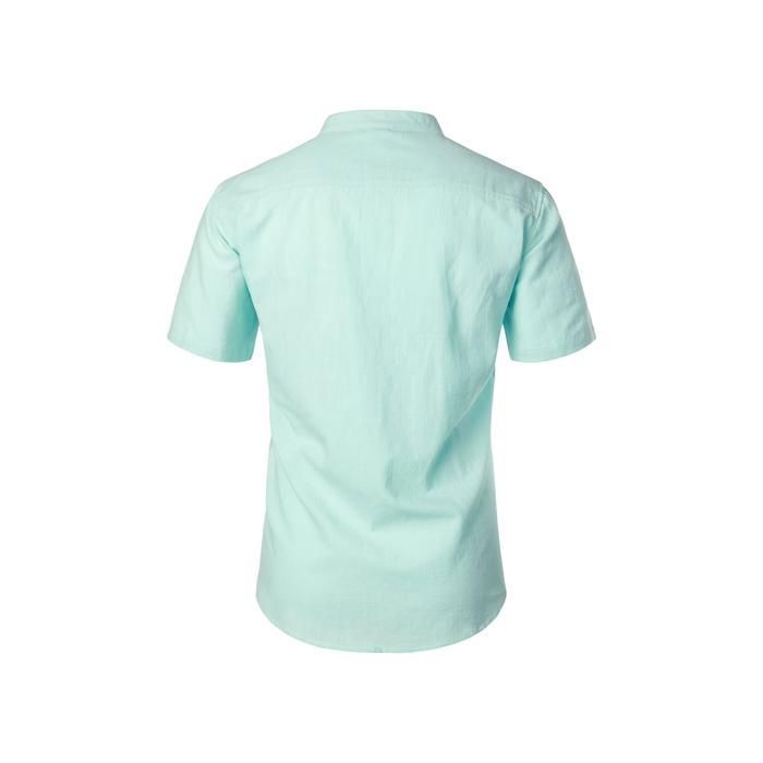 Men's Henley Shirt, Short Sleeves, Breathable Cotton and Linen, Slim Fit, Striped, 3-Button Collar, Mint Green, Size S