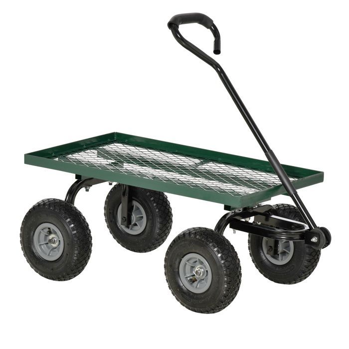 Carro de transporte para jardín - Outsunny - remolque de mano, carro de mano de 4 ruedas, capacidad de carga de 150 kg - metal - 94x48x100cm - verde