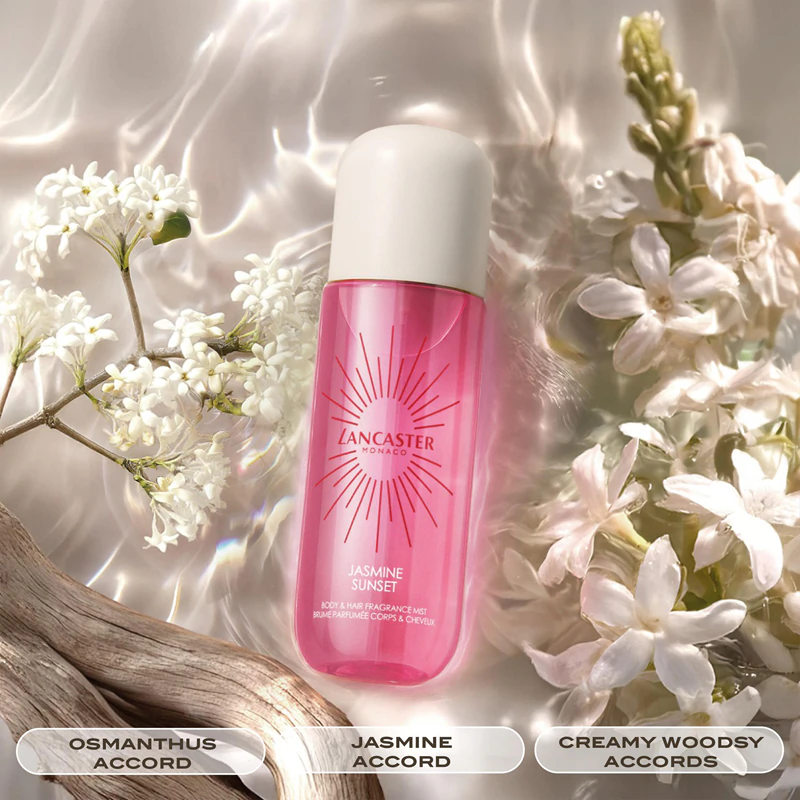 Lancaster Eau de Lancaster Hair & Body Mist, perfume em spray para rosto, corpo e cabelo com fragrância de jasmim ao pôr do sol.