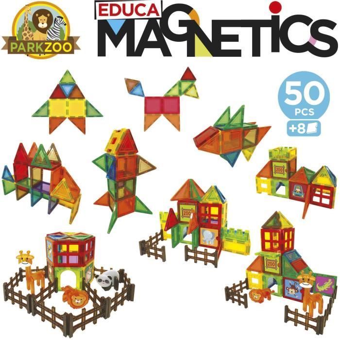 Magnetic Zoo Park - Construction Game - EDUCA - 50 magnetic pieces, 4 animals, 8 cards - Ages 3+