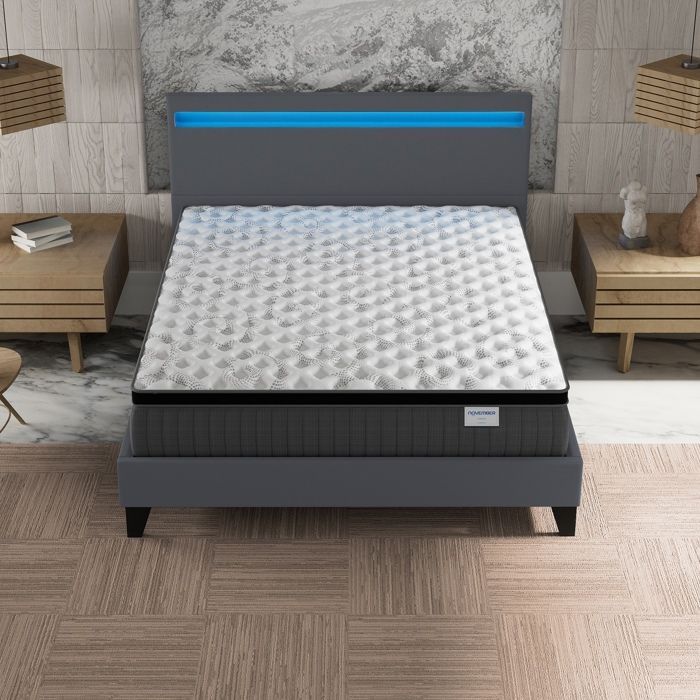 Colchón y cama (140x200cm) - Elekctra 30cm Muelles ensacados y espuma viscoelástica + Base de láminas estable y cabecero con iluminación LED Gris