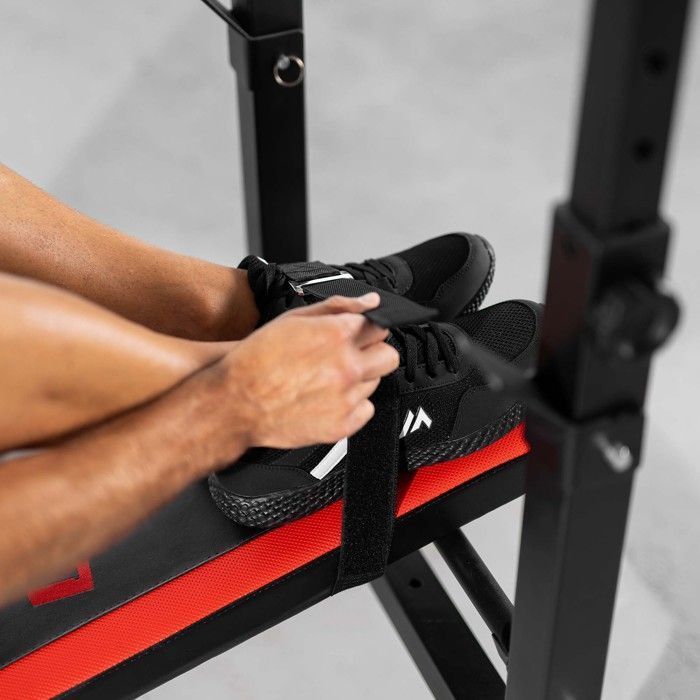Hop-Sport HS-1080 Platte opklapbare halterbank met halterrek, multifunctionele trainingsbank, verstelbare beensteunen