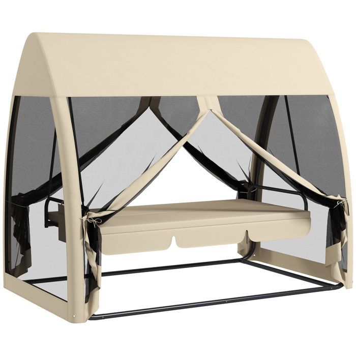 Columpio de jardín Outsunny - convertible - 3 plazas - con toldo y cojines - malla con bolsillo con cremallera - beige