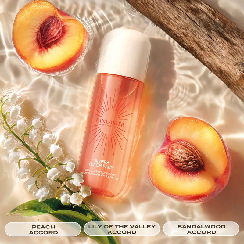Lancaster Eau de Lancaster Hair & Body Mist, spray perfumado para rosto, corpo e cabelo, fragrância Peach Party.