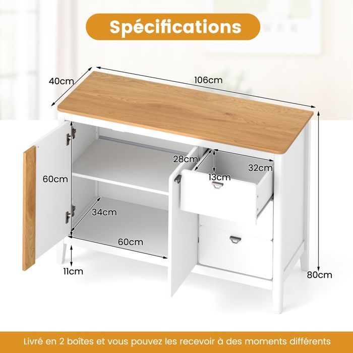 COSTWAY Buffet de Cuisine avec 2 Portes et 3 Tiroirs, Kits Anti-basculement, pour Cuisine, Salle à Manger, Salon, 106 x 40 x 80 cm
