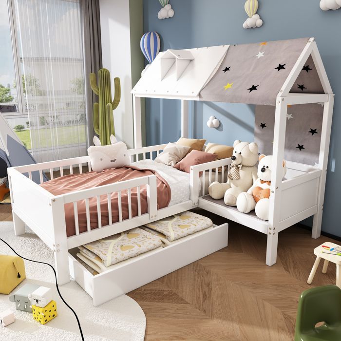 Verdickter Bettrahmen aus korrosionsbeständigem Material, geformt wie ein Holzhaus, Babybett, Einzelbett.