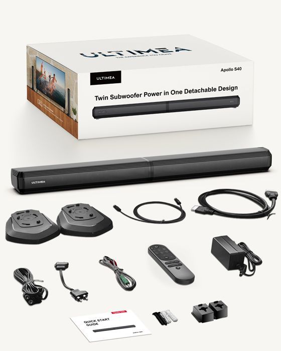 Ultimea 2.2-Kanal-Soundbar, zwei integrierte Subwoofer, tiefer Bass, abnehmbares 2-in-1-Kabel, ARC/optisch/Aux-Eingang
