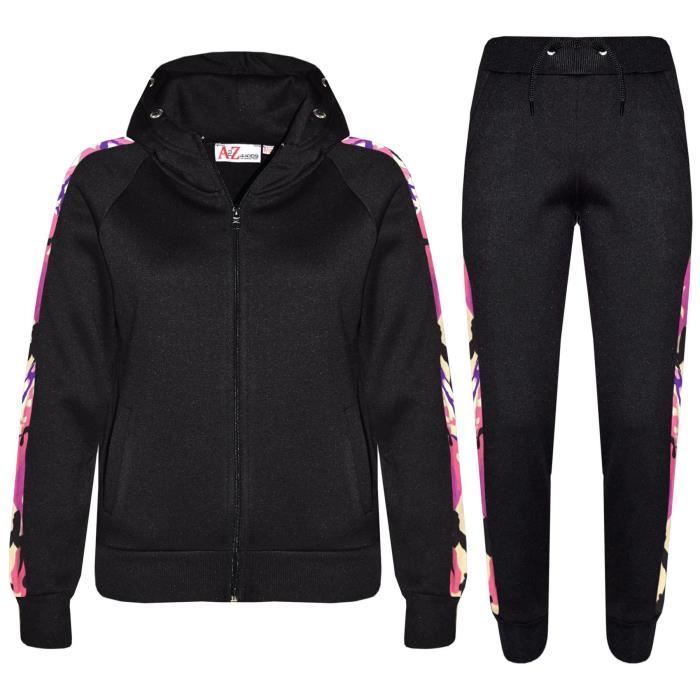 Chándal de felpa para niñas - Marca - Conjunto de sudadera con capucha y pantalón de chándal - Camuflaje negro y rosa claro - Edades 5-13