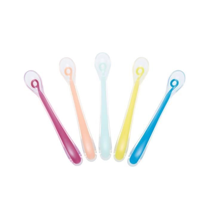 Set di 5 cucchiaini per neonati BABYMOOV, ergonomici in silicone, lavabili in lavastoviglie, senza BPA, multicolore.