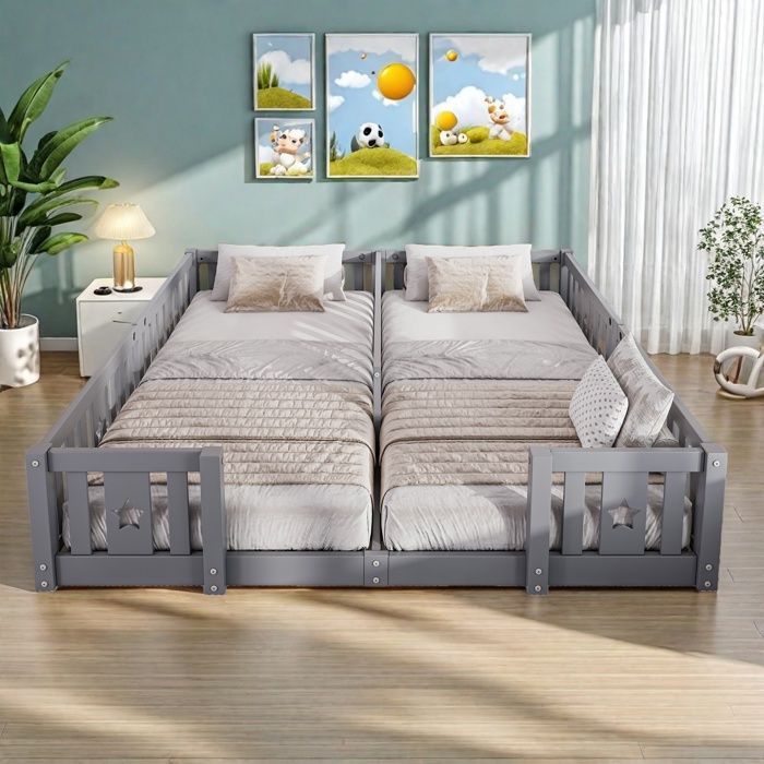 Lit enfant,Lit de Sol 90 x 200 cm,Montessori en Bois de pin Massif,Peut accueillir 2 enfants,Protection Anti-Chute snas Matelas,gris