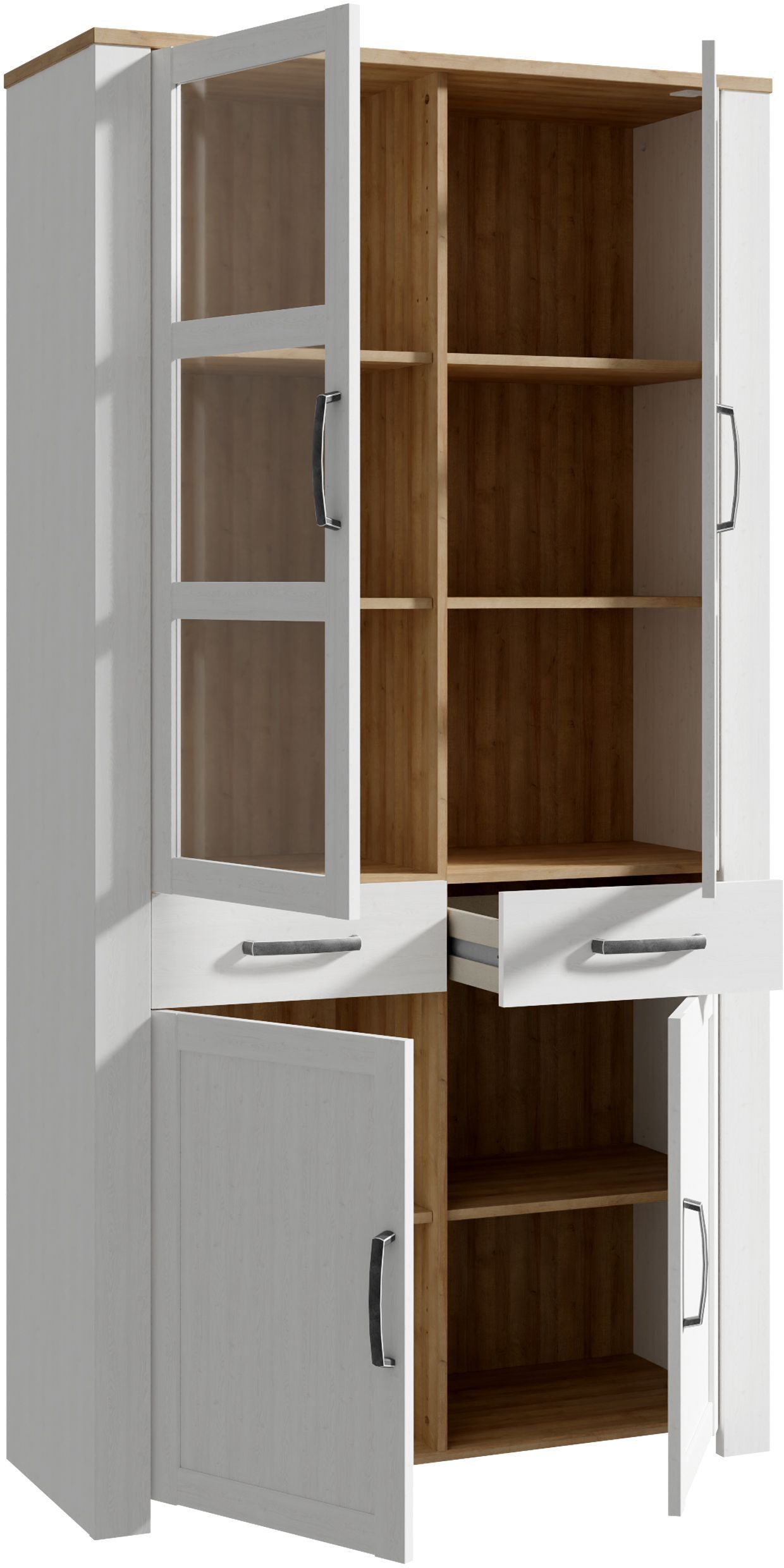 Suuri BOHOL valkoinen vitriinikaappi – 4 ovea, joista 2 lasia + 2 laatikkoa – L 106,4 × S 42 × K 205,4 cm