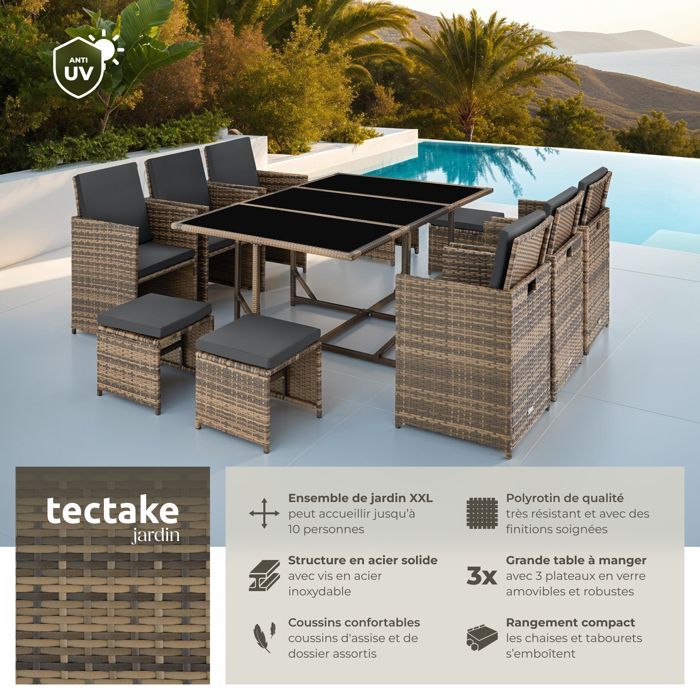 Ensemble de jardin - TECTAKE - Salon de jardin 10 places avec housse MALAGA, encastrable en polyéthylène - Marron Naturel