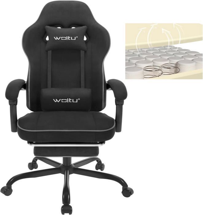 WOLTU Gamingstoel, Gamingfauteuil, Pocketveringkussen, Lendensteun, Technisch textiel, Zwart W0ATT0611