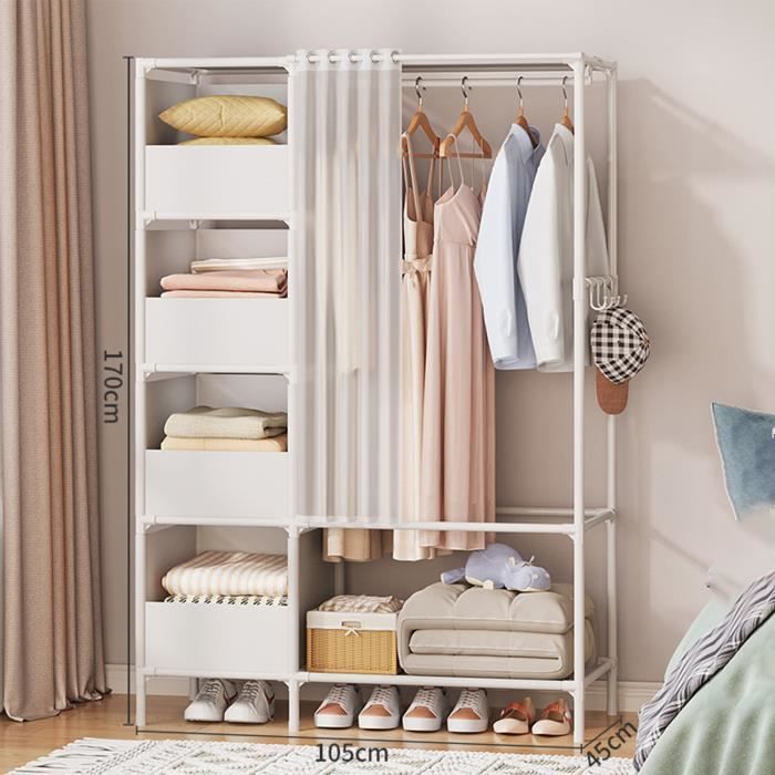 Armoire de Rangement Chambre FREOSEN - Blanc - Penderie Garde-Robe - 4 Boites en Tissu