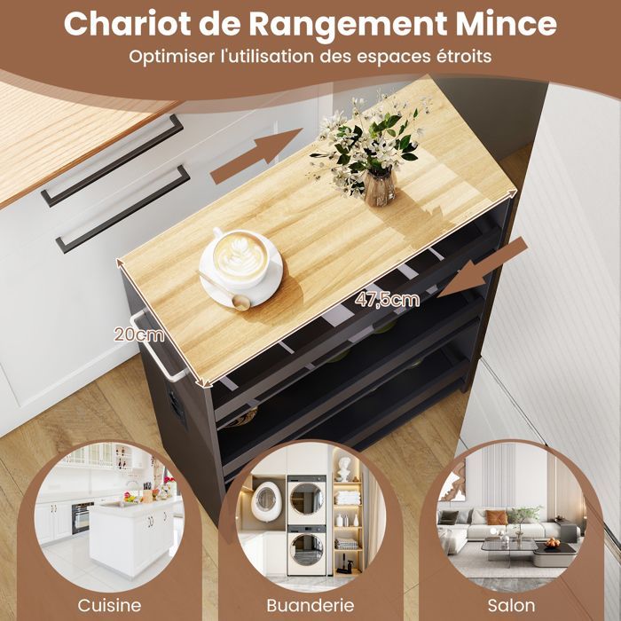 GIANTEX Narrow Kitchen Trolley with Wheels - 47.5x20x80.5cm - Charging Station - 4-Tier Serving Cart - Natural + Grey
