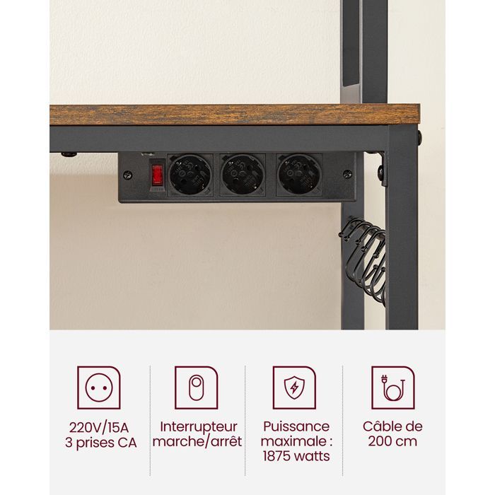 Desserte De Cuisine avec Multiprise, 40 x 60 x 170 cm, Marron Rustique et Noir