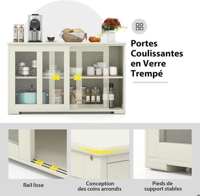 GIANTEX Buffet de Cuisine avec 2 Portes Coulissantes en Verre Trempé+ Étagère Réglable,Vaisselier/Meuble de Rangement Cuisine,Beige