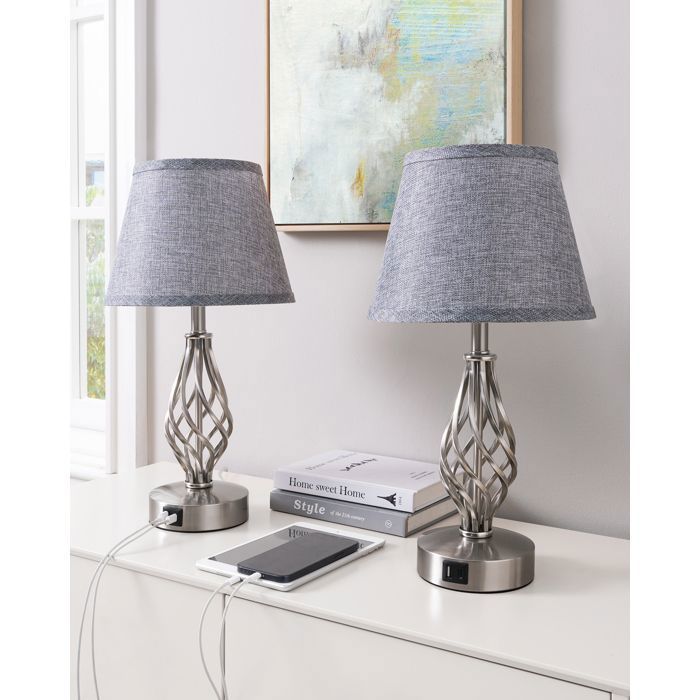 EDISHINE Lampe à Poser Tactile Lot de 2, USB A+C, Ampoule E27 LED Dimmable Fournie, Abat-jour Gris