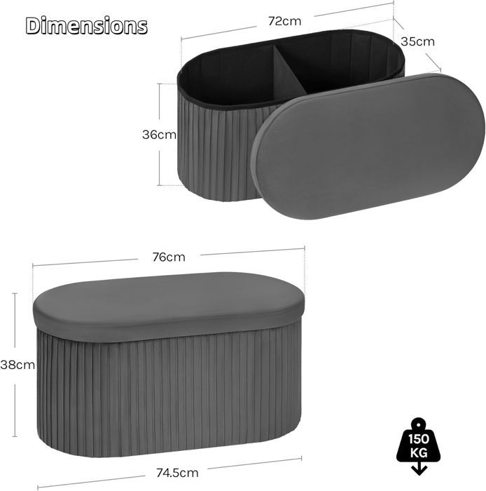 Otomana con almacenamiento - Otomana ovalada plegable WOLTU - Terciopelo - 76x38x38cm - Gris oscuro