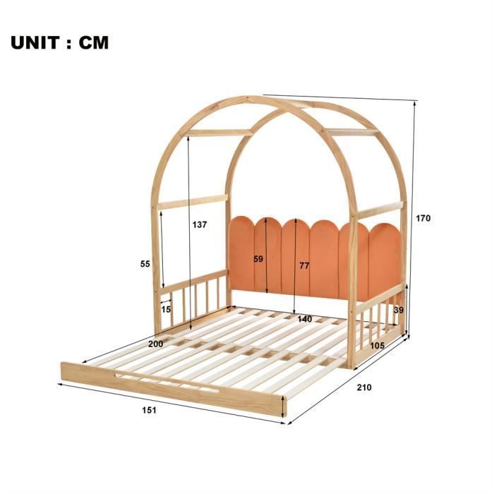DRIPEX Lit de pavillon voûté extensible,lit coulissant,lit enfant avec coussin en velours,naturel et orange (140x100cm/140x200cm)