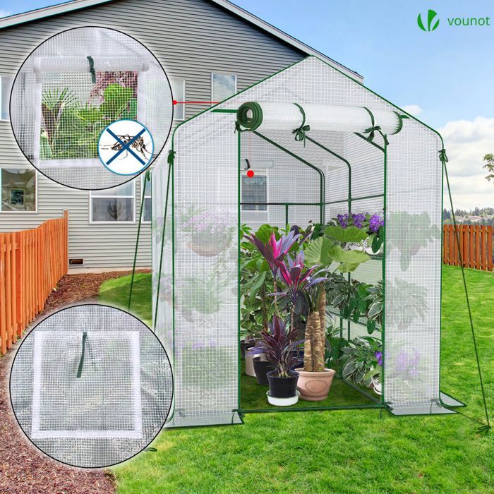 VOUNOT® Serre de jardin avec étagères 143x215x195cm blanc - bâche renforcée 135g/m² - fenêtre moustiquaire - porte enroulable