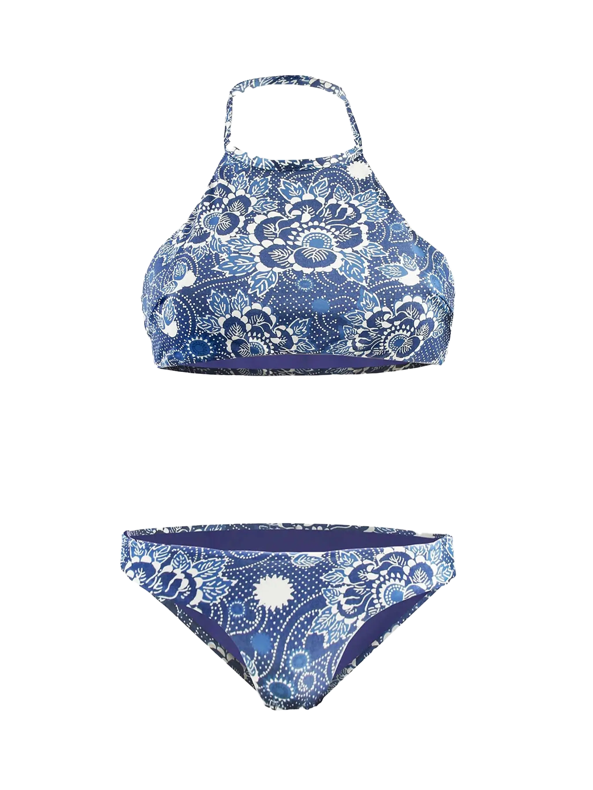 Bikini met hoge hals van denim met bladeren