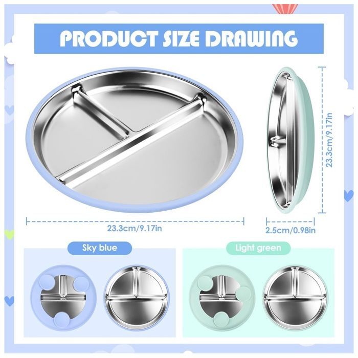 Lot de 2 Assiette Ventouse Pour Bébé,Inox Bebe Assiettes En Acier Inoxydable Avec Ventouse Pour Bébé les Tout-petits
