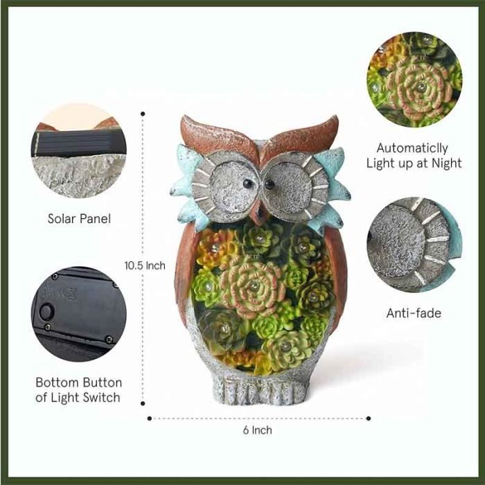Statue Jardin Extérieur Animaux Décoration, Lumière Solaire Hibou en Résine à Énergie Solaire, Lampe Lumineuse Jardin Figurine Anima