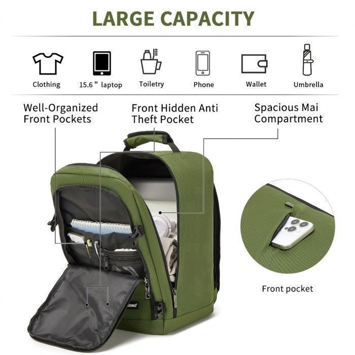 Kono Resväska 40x20x25cm Ryanair Ryggsäck 20L Handbagage för Flygresor Under Sätet för Damer och Män, Grön