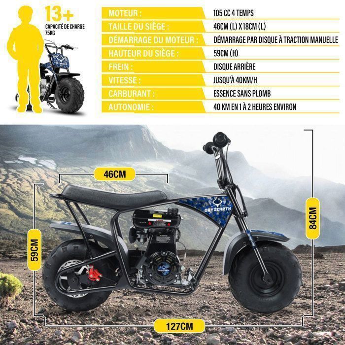 Kinder-Motocross-Motorrad, 105 cm³ – Mini-4-Takt-Dirtbike – OryxEarth – ab 13 Jahren – Benzin – Blau und Schwarz