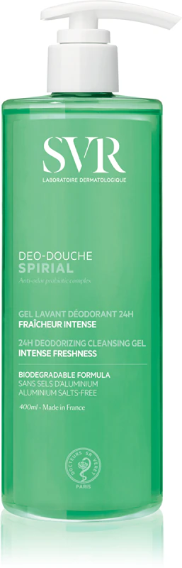 Gel de limpeza SVR Spirial Deo-Douche para rosto, corpo e cabelo.